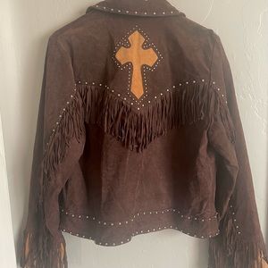 Y2k vintage brown leather suede cowboy jacket with cross